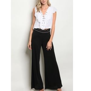 Bear Dance knit wide leg pants with embroidered elastic waist band black Medium